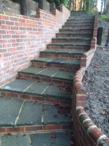 Entrance Steps: Millstone flag treads with brick risers.